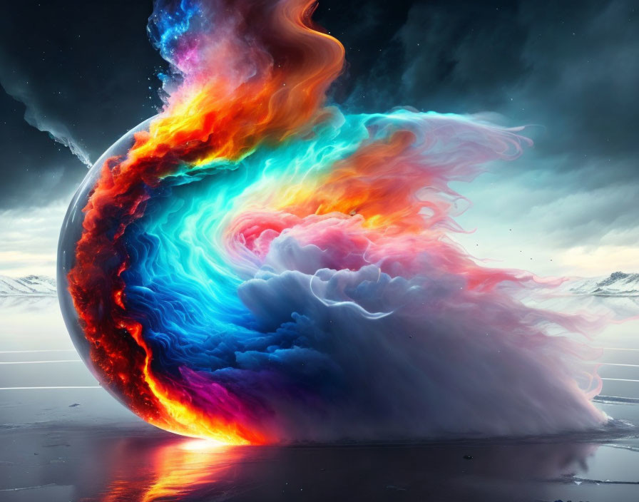 Colorful swirling nebula over ocean and planet landscape