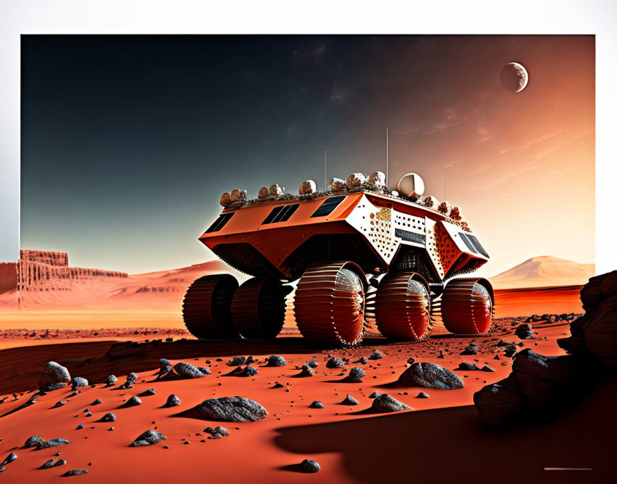 Futuristic rover on Mars-like desert with red sky & crescent moon