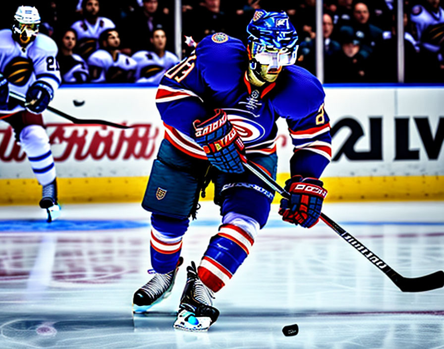 Blue and red uniform hockey player focused on puck on ice rink