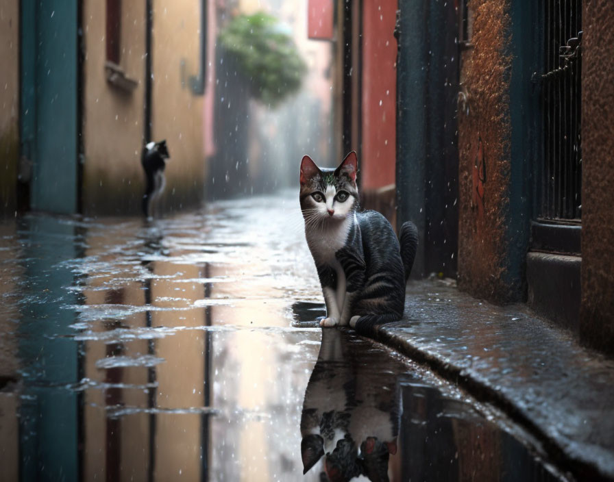 Striking-eyed cat in wet alley with reflections and second cat