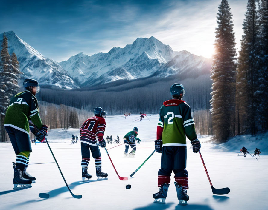 Scenic outdoor hockey players on snow-covered rink