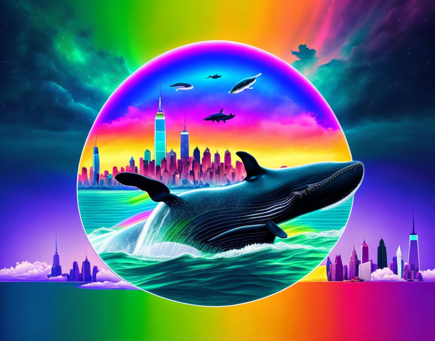 Sci-fi themed humpback whale leaping over city skyline with UFOs in neon circle