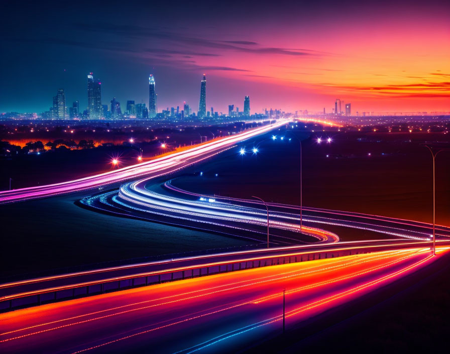 Cityscape at Dusk: Neon Light Trails & Illuminated Skyscrapers