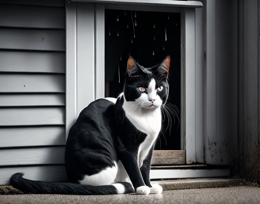 Distinct Black and White Cat with Unique Markings by Doorway