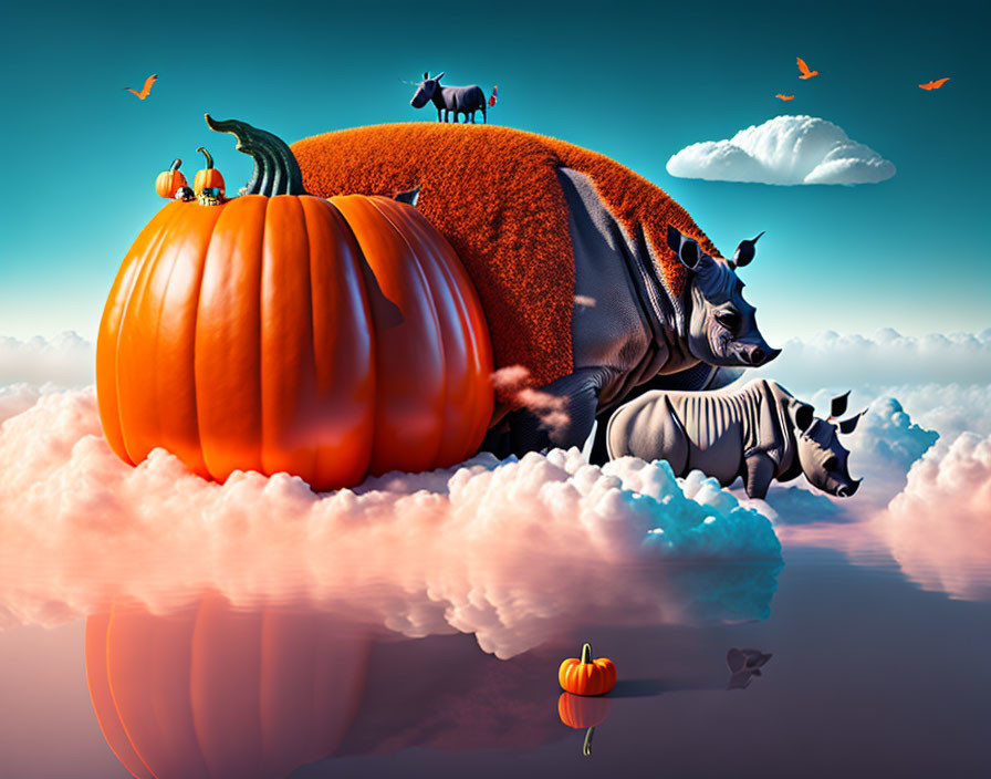 Surreal rhinos with pumpkin bodies on clouds with pumpkins, birds, blue sky