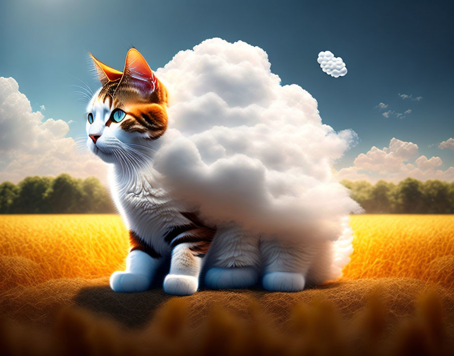 Cat merging into fluffy cloud over wheat field and blue sky