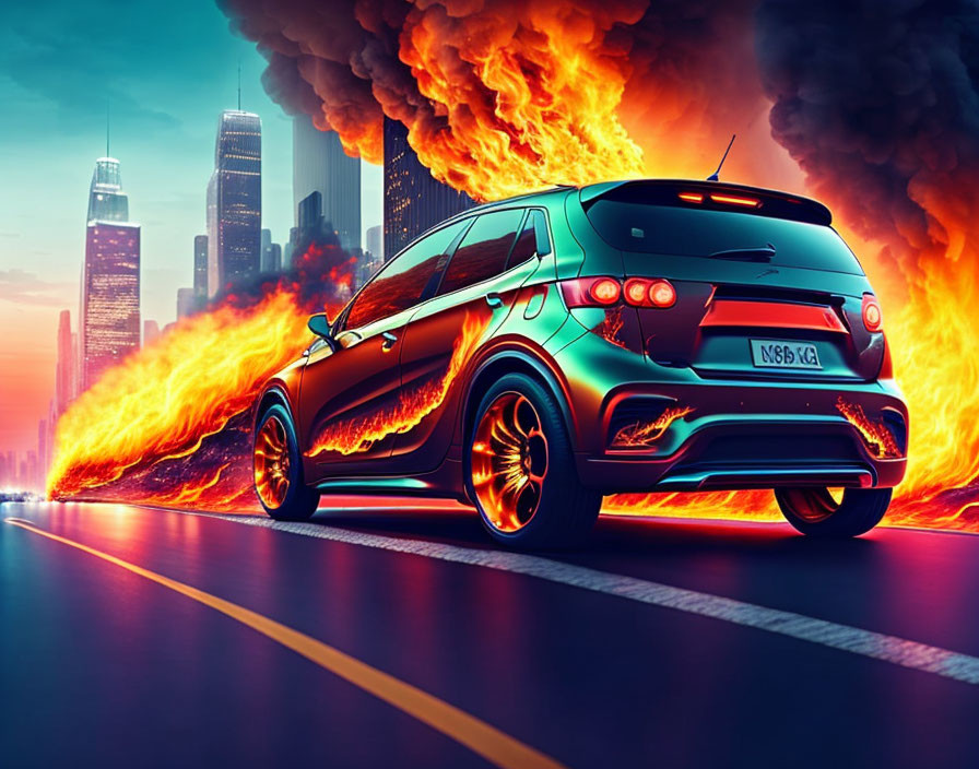 Stylized blue car with exaggerated flames on city road at sunset