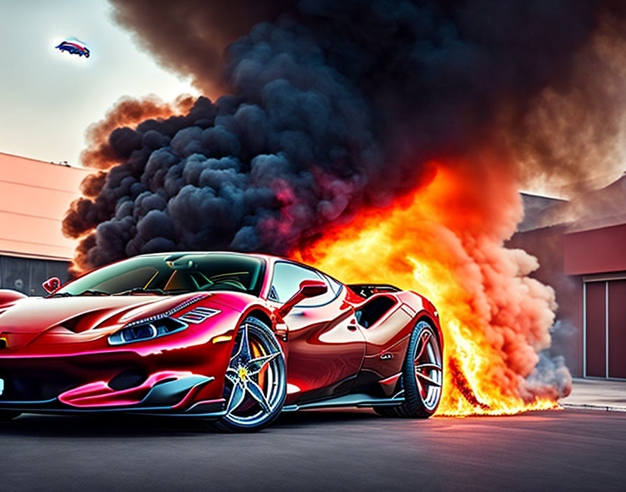 Red sports car with racing stripes emits orange and black smoke in evening sky.