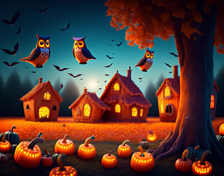 Whimsical Halloween illustration: Glowing pumpkins, colorful owls, quaint houses at twilight