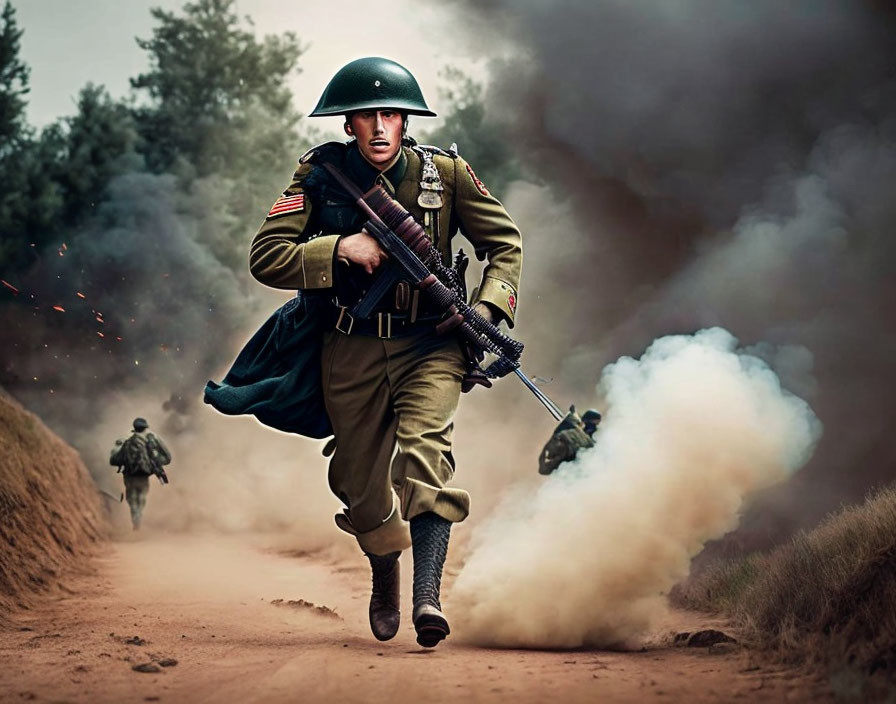 Vintage soldier in combat scene with rifle on dusty road