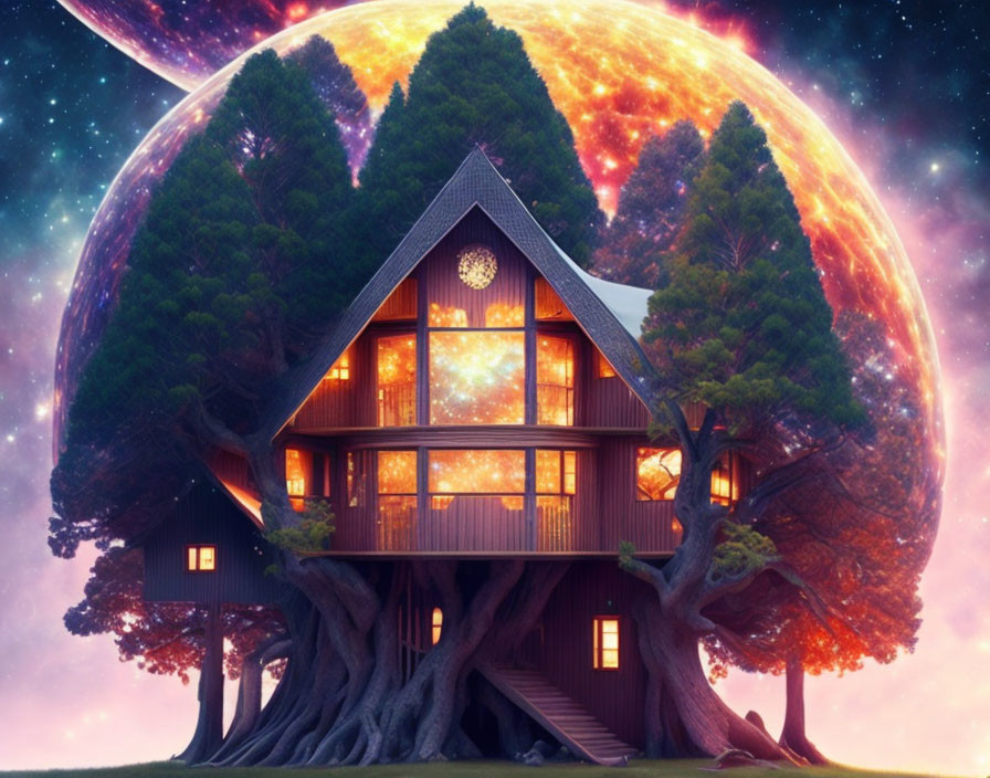 Fantasy Treehouse with Glowing Windows and Giant Planet in Starry Sky