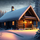 Snow-covered log cabin in wintry forest with glowing window, reindeer silhouettes, and cat