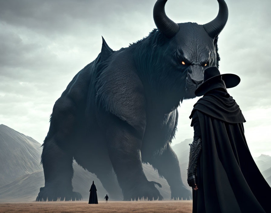 Cloaked figure confronts glowing-eyed bull in desolate landscape