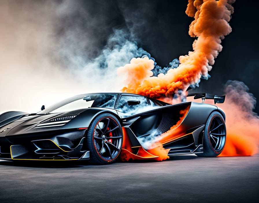 Black sports car with orange accents emitting orange smoke on gradient background