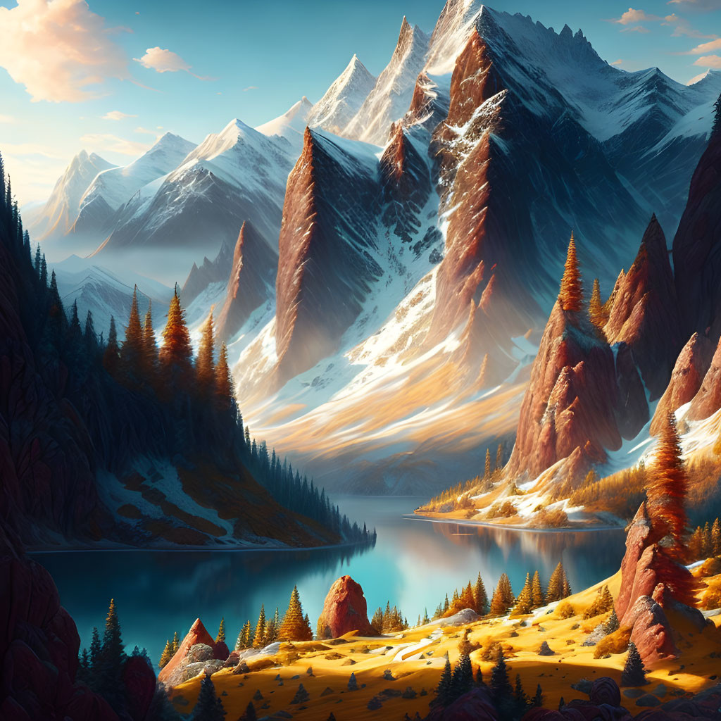 Majestic alpine mountains, golden forest, and tranquil blue lake scene