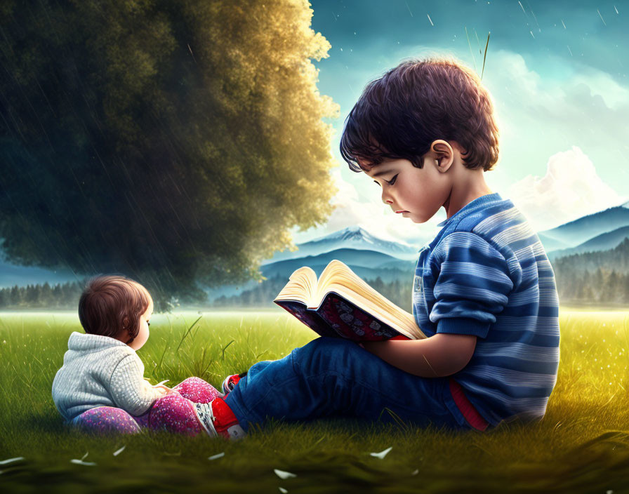 Child reading book to baby in field with mountains and rainy sky