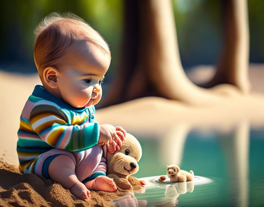 Striped Outfit Baby Playing by Water with Teddy Bear and Miniature Bear