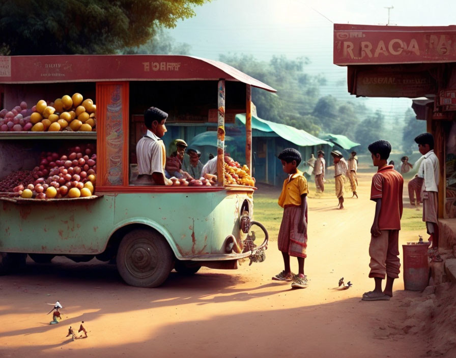 Vibrant fruit stall scene with children and birds on dusty street