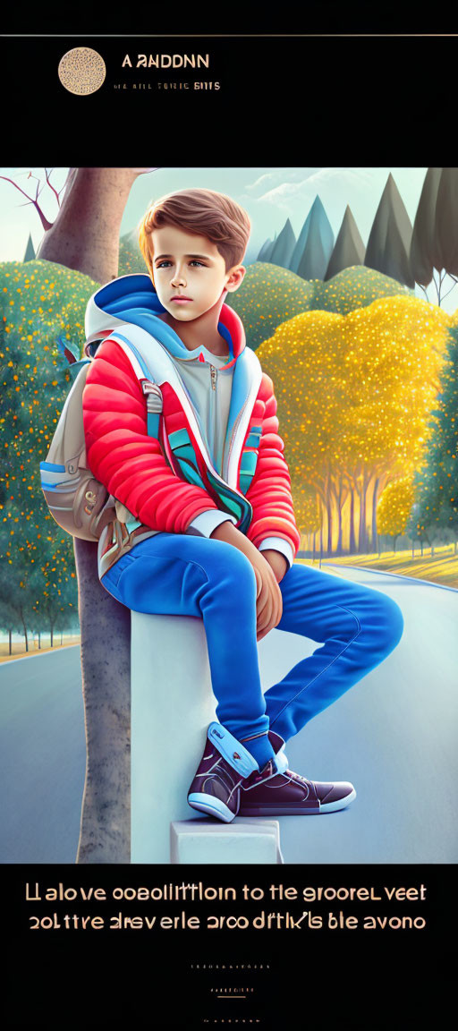 Young boy in red jacket sitting in autumnal park setting