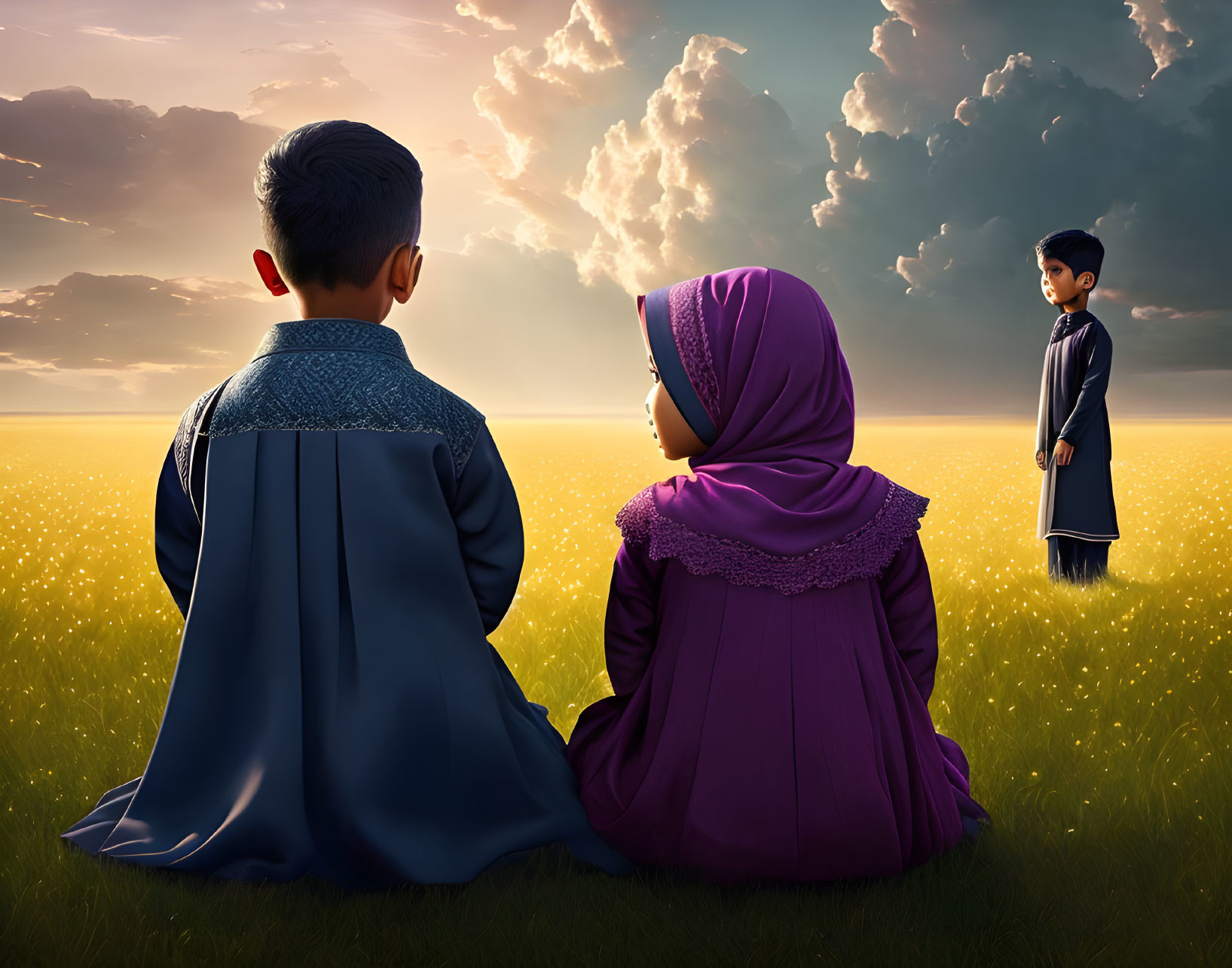 Children in traditional clothing watch a third child in glowing field at dusk