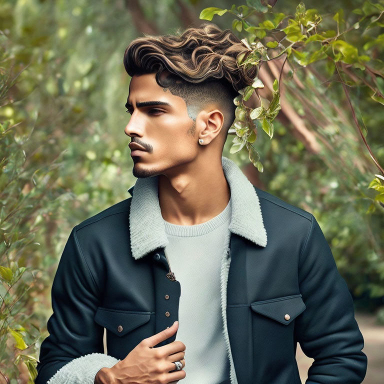 Fashionable man with wavy hair and neat beard in jacket outdoors among green foliage