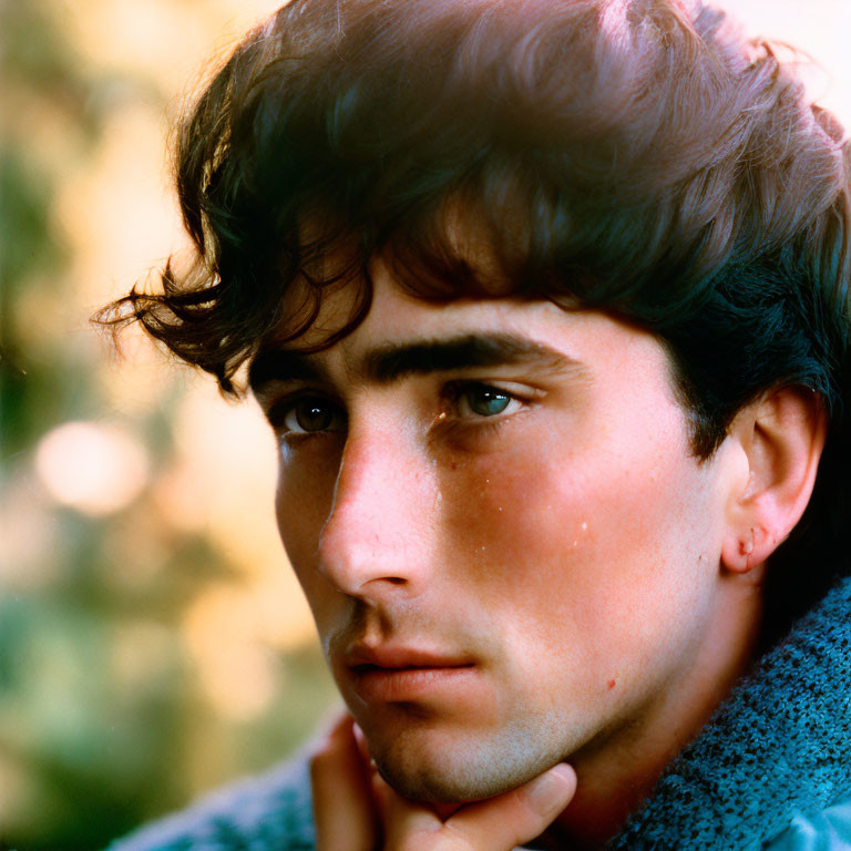 Young man with curly dark hair and blue eyes in blue sweater with hand obscuring.