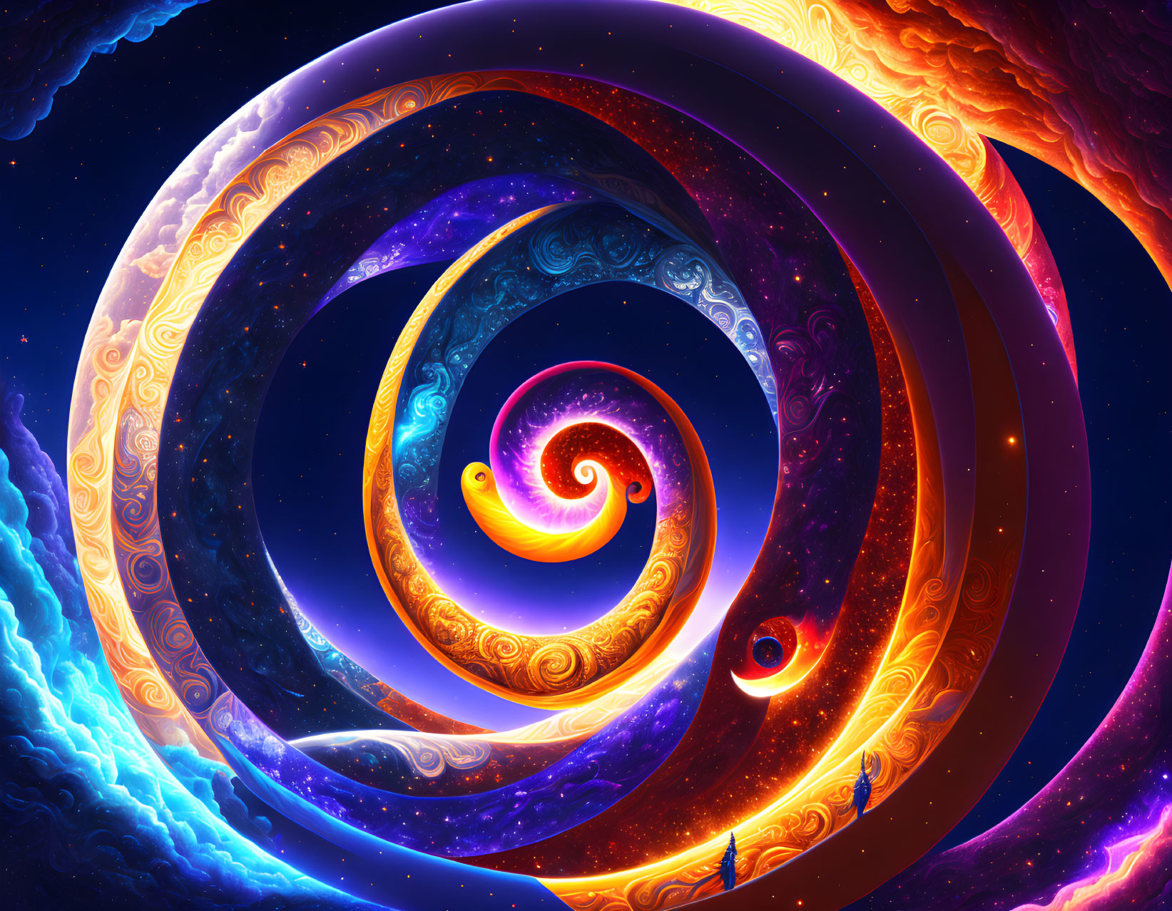 Colorful digital artwork: Swirling cosmic vortex in blue, orange, and purple