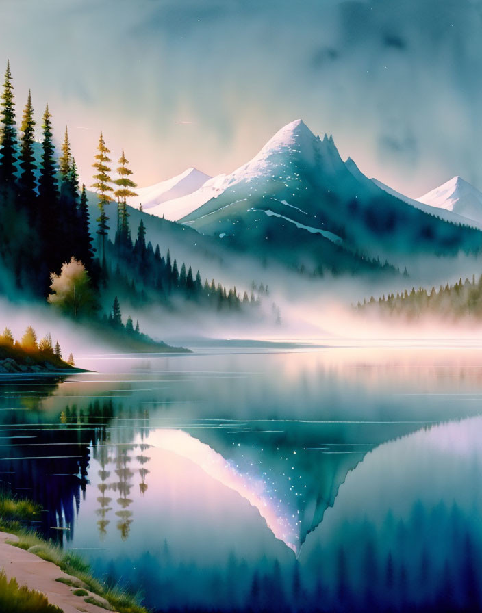 Snow-capped mountains reflected in calm lake at twilight