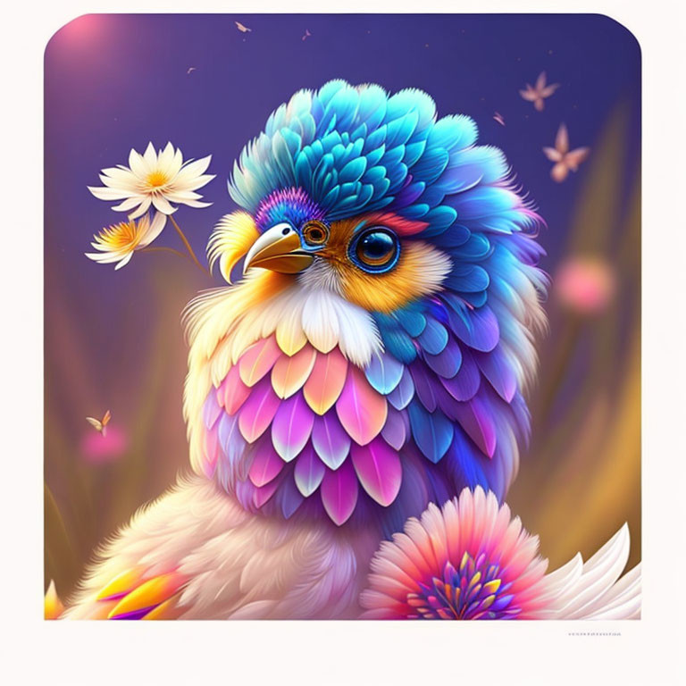 Whimsical bird-like creature with rainbow plumage and floral backdrop