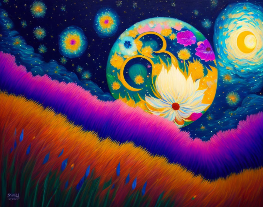 Colorful painting combining Starry Night with Eastern symbols, lotus flower, flowing patterns, celestial bodies