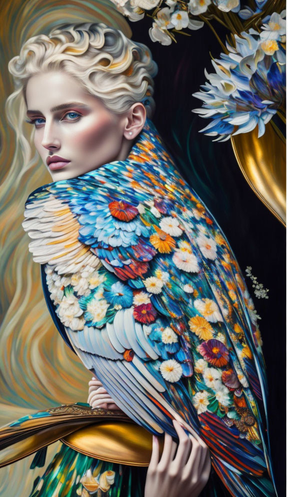 Portrait of person with floral-patterned wings, pale skin, light hair, and blue eyes