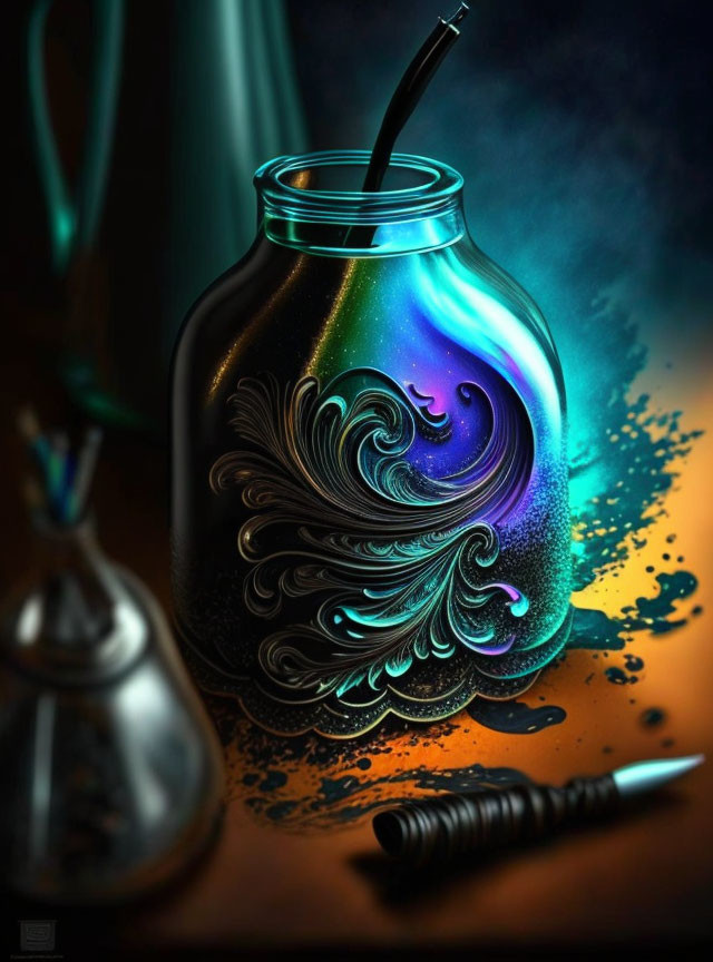 Galaxy-themed ink bottle with nebula design and glass pen