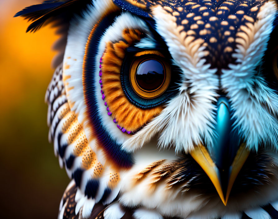 Colorful Owl with Vibrant Feathers and Sharp Eye on Golden Background