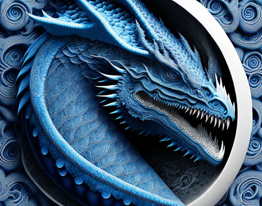 Blue dragon with intricate scales and sharp teeth on textured background