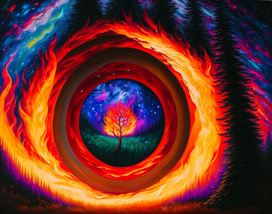 Colorful Spiral Painting with Luminous Tree in Starry Forest