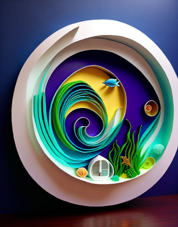 Colorful layered paper art of ocean waves, marine life, and a small house