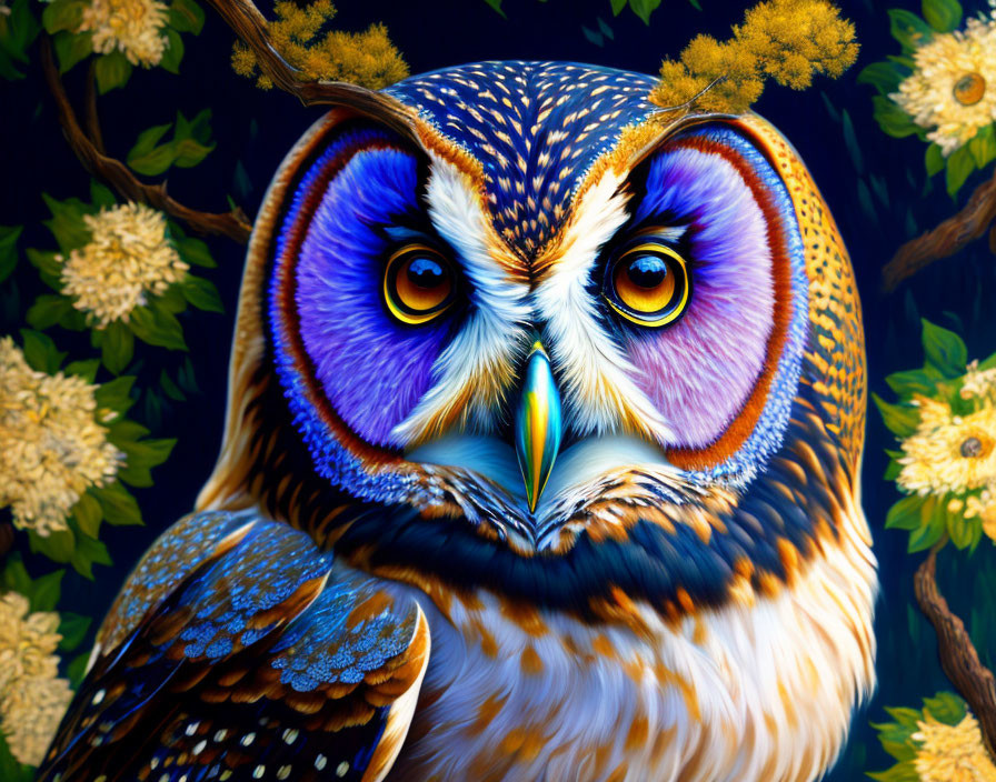 Colorful Owl Illustration with Intense Eyes and Blooming Flowers