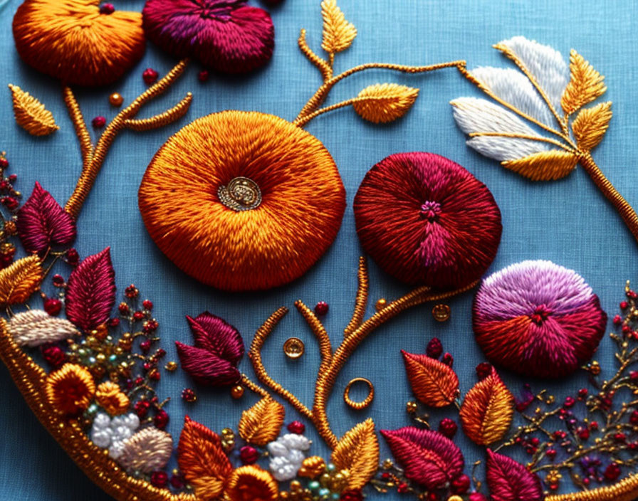 Colorful Circular and Floral Embroidery in Orange, Red, Purple on Teal