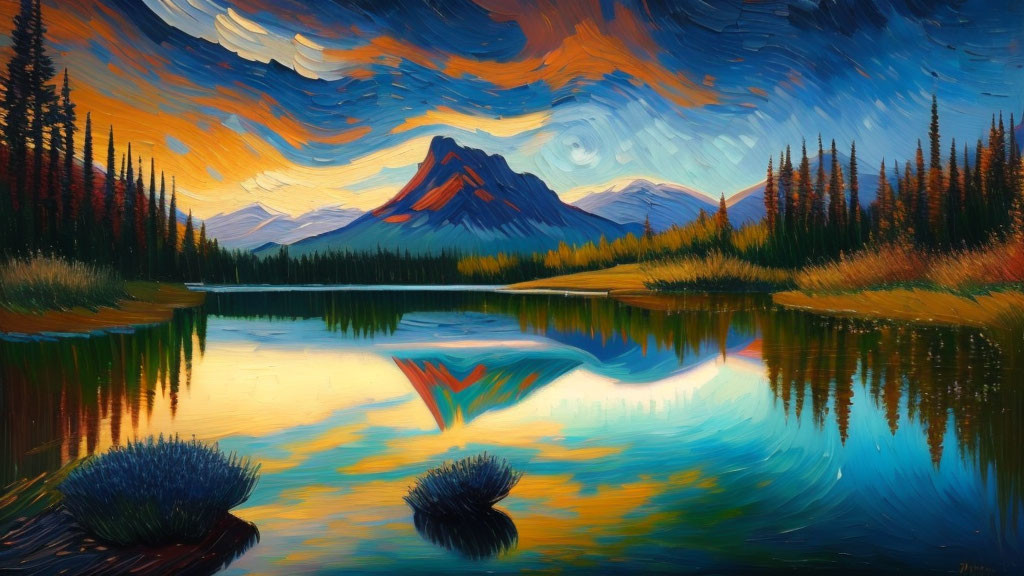 Mountain Reflection in Lake Surrounded by Colorful Sky