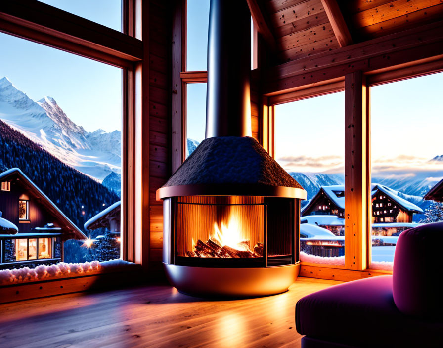 Cozy Room with Modern Fireplace & Snowy Mountain View at Sunset