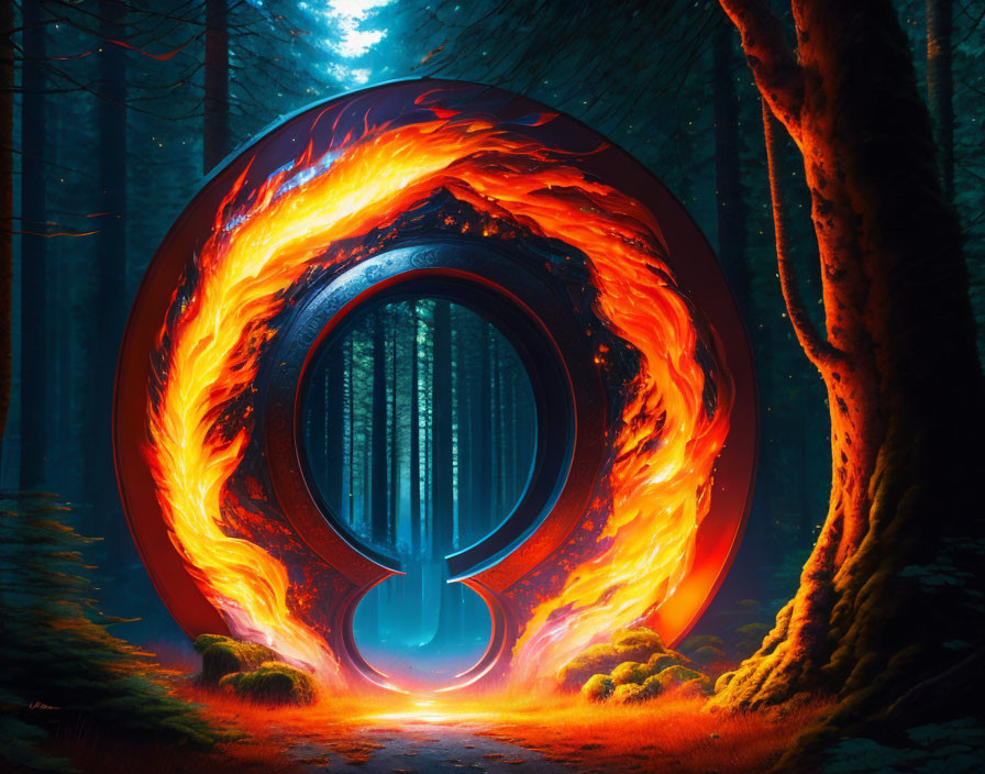 Fiery portal with orange and blue glow in mystical forest