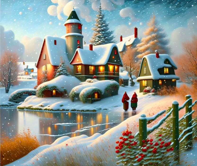 Snowy village with red-coated figure by river and lighthouse