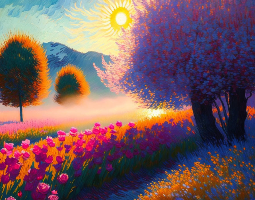 Colorful landscape painting: swirling sky, radiant sun, blooming flowers, lush trees, rolling hills