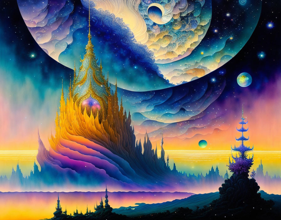 Colorful Fantasy Landscape with Golden Castle and Multiple Moons