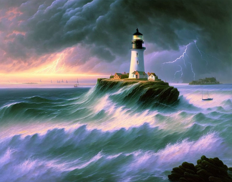 Lighthouse on rocky outcrop in stormy sea with lightning at sunset