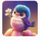 Whimsical bird-like creature with rainbow plumage and floral backdrop