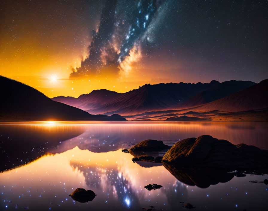 Tranquil lake mirroring sunset, starry sky, and silhouetted mountains