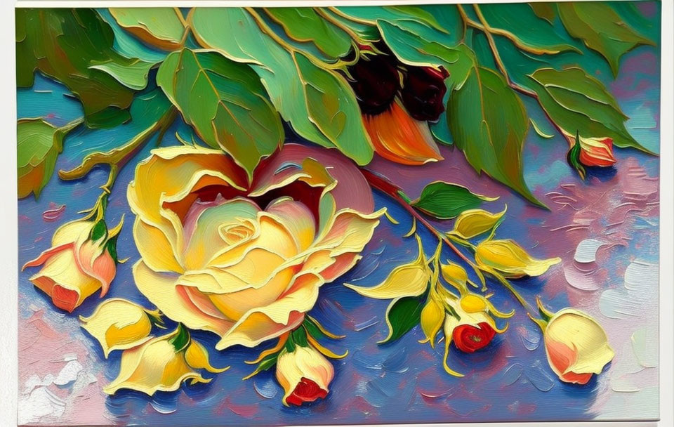 Textured Impressionist Painting of Yellow Rose and Green Leaves