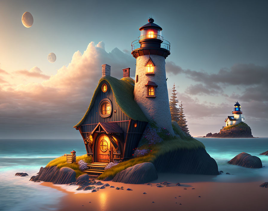 Lighthouse and cottage illustration at sunset with distant isle and planets