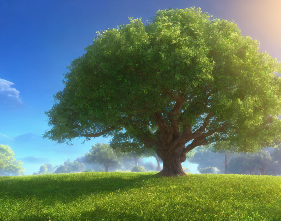 Majestic tree on grassy hill under warm sunlight